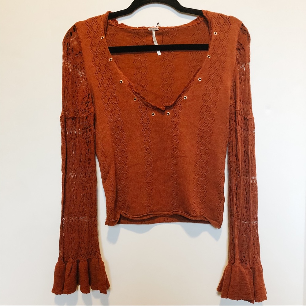 Free People Cropped Sweater with Crocheted Sleeves